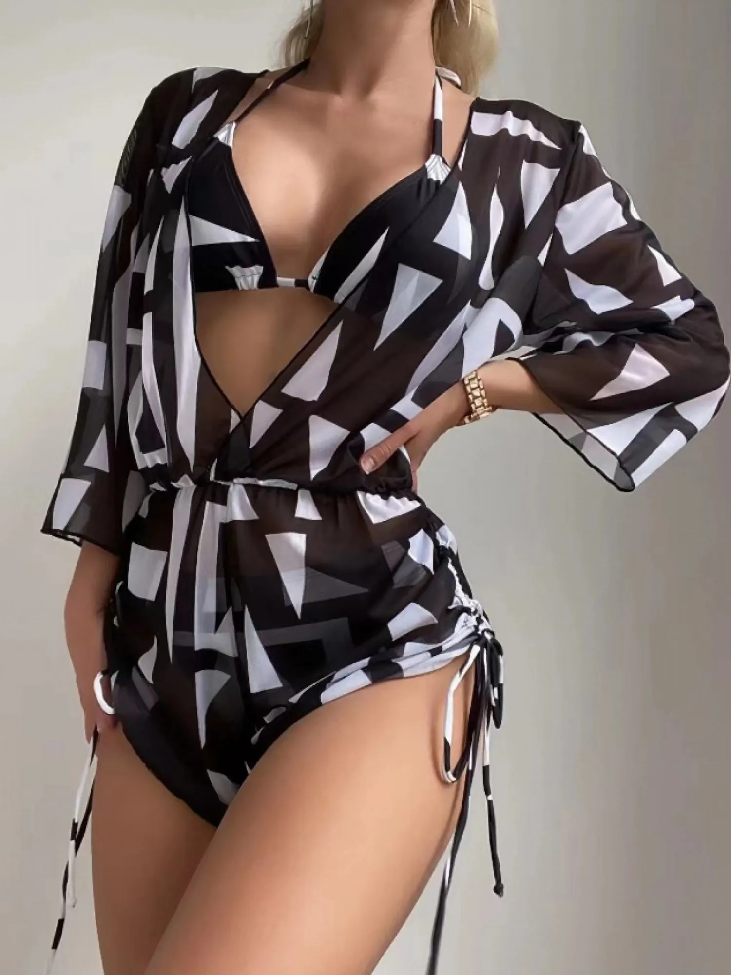 3 Pieces Halter Lace-Up Bikinis & Printed Beach Cover Ups Set