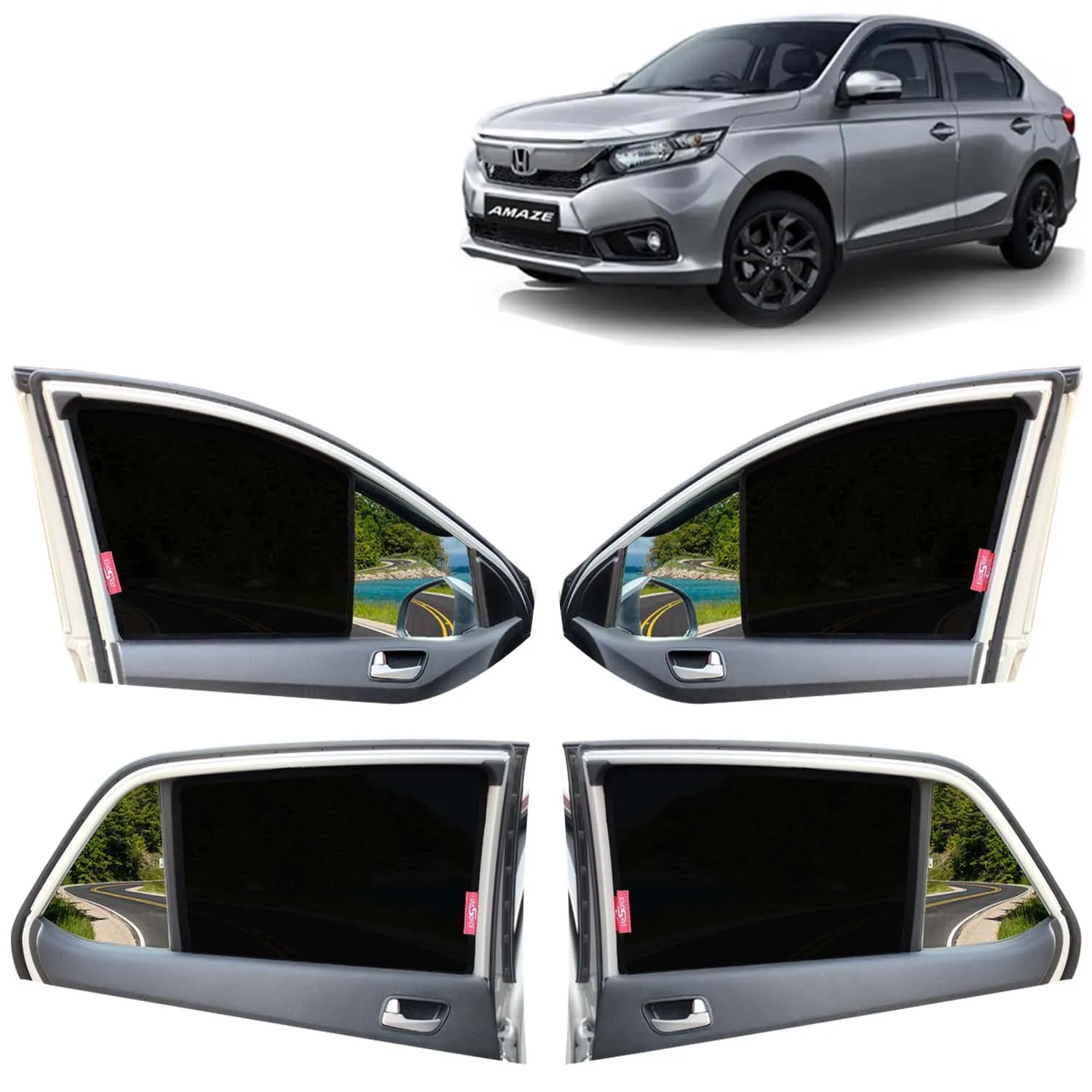 KINGSWAY® Amaze Car Sun Shade Z-Black Non Magnetic Fix Type Curtains for 2021 to 2022 Model, Compatible with Honda Amaze Side Window Car Sunshade, Only Half Cut in Front Window, Black, 4 Piece