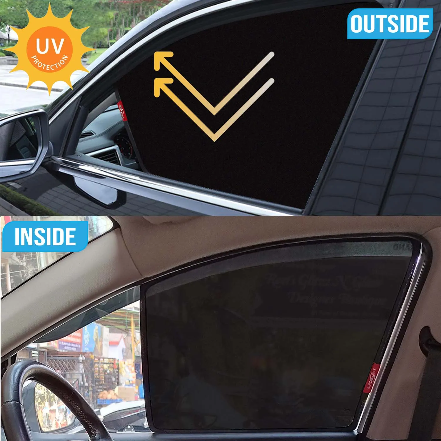 KINGSWAY® Amaze Car Sun Shade Z-Black Non Magnetic Fix Type Curtains for 2021 to 2022 Model, Compatible with Honda Amaze Side Window Car Sunshade, Only Half Cut in Front Window, Black, 4 Piece