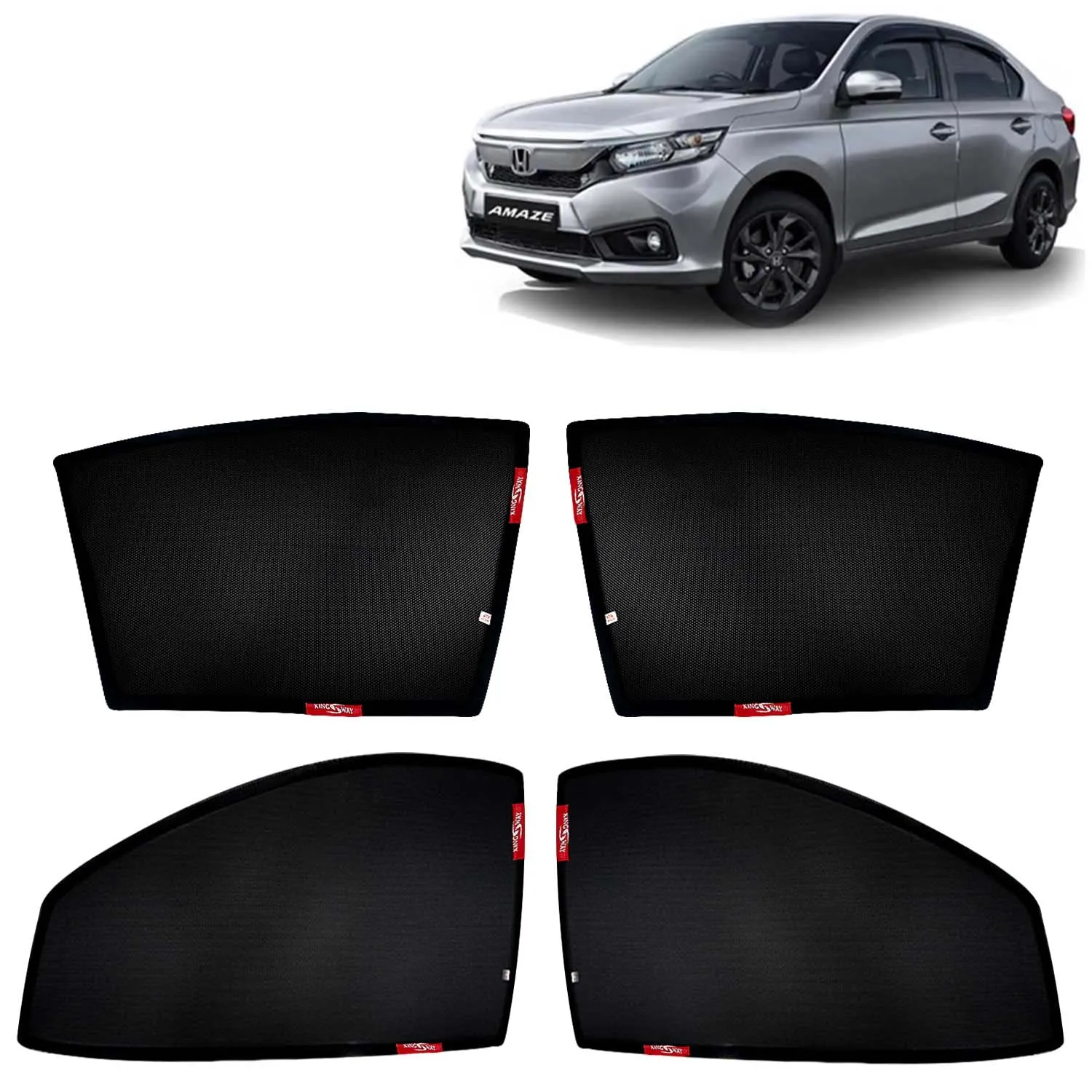 KINGSWAY® Amaze Car Sun Shade Z-Black Non Magnetic Fix Type Curtains for 2021 to 2022 Model, Compatible with Honda Amaze Side Window Car Sunshade, Only Half Cut in Front Window, Black, 4 Piece