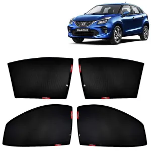 KINGSWAY® Baleno Car Sun Shade Z-Black Non Magnetic Fix Type Curtains for 2019 to 2022 Model, Compatible with Maruti Suzuki Baleno Side Window Car Sunshade, Only Half Cut in Front Window, 4 Piece
