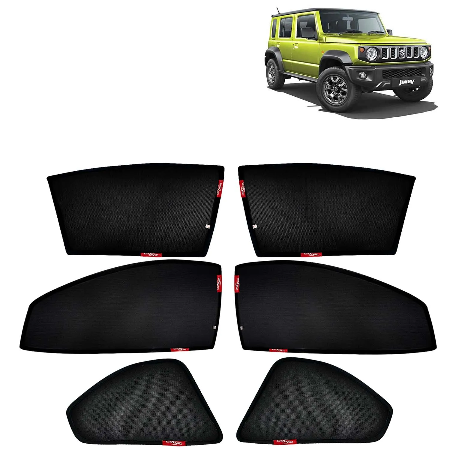 KINGSWAY® Jimny Car Sun Shade Z-Black Non Magnetic Fix Type Curtains for 2023 Onwards Model, Compatible with Maruti Suzuki Jimny Side Window Car Sunshade, Only Half Cut in Front Window, Black, 6 Piece
