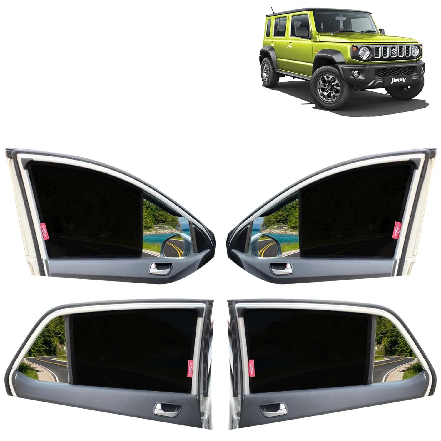 KINGSWAY® Jimny Car Sun Shade Z-Black Non Magnetic Fix Type Curtains for 2023 Onwards Model, Compatible with Maruti Suzuki Jimny Side Window Car Sunshade, Only Half Cut in Front Window, Black, 6 Piece