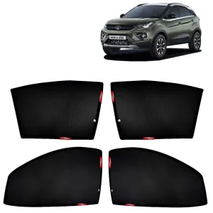 KINGSWAY® Nexon Car Sun Shade Z-Black Non Magnetic Fix Type Curtains for 2020 to 2023 Model, Compatible with Tata Nexon Side Window Car Sunshade, Only Half Cut in Front Window, Black, 4 Piece