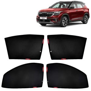 KINGSWAY® Seltos Car Sun Shade Z-Black Non Magnetic Fix Type Curtains for 2023 Onwards Model, Compatible with Kia Seltos Side Window Car Sunshade, Only Half Cut in Front Window, Black, 4 Piece