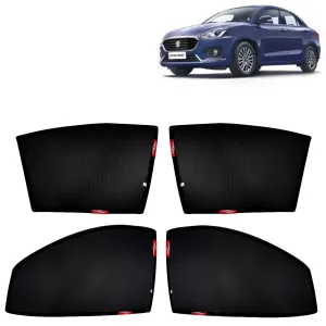 KINGSWAY® Swift Dzire Car Sun Shade Z-Black Non Magnetic Fix Type Curtains for 2017 to 2019 Model, Compatible with Maruti Suzuki Swift Dzire Side Window Sunshade, Only Half Cut in Front Window, 4 Pcs
