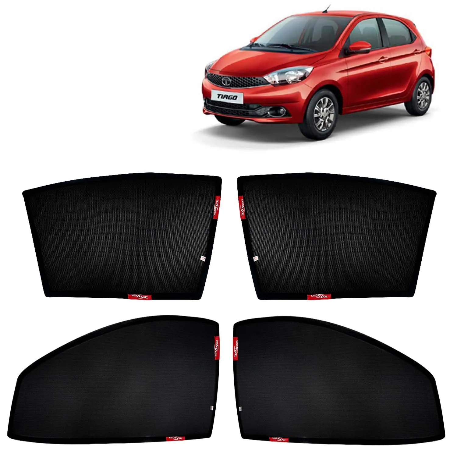KINGSWAY® Tiago Car Sun Shade Z-Black Non Magnetic Fix Type Curtains for 2016 to 2020 Model, Compatible with Tata Tiago Side Window Car Sunshade, Only Half Cut in Front Window, Black, 4 Piece