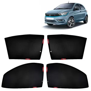 KINGSWAY® Tiago EV Car Sun Shade Z-Black Non Magnetic Fix Type Curtains for 2023 Onwards Model, Compatible with Tata Tiago EV Side Window Car Sunshade, Only Half Cut in Front Window, Black, 4 Piece