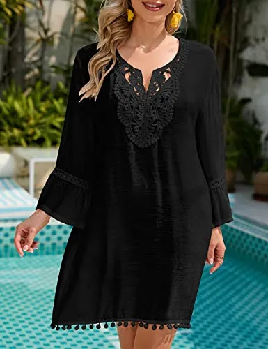 Long Sleeve Lace Tassel Bikini Cover Up Dress