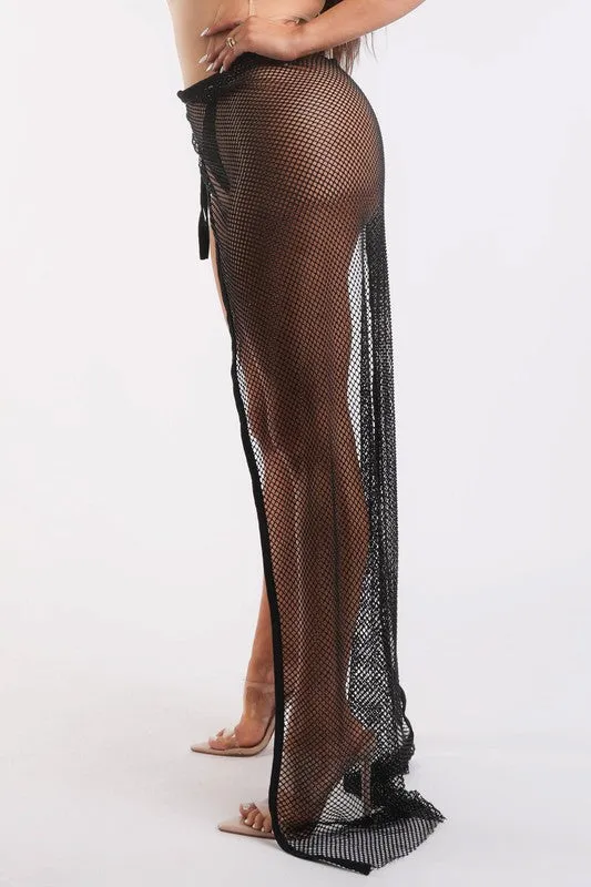 Rhinestone Detailed Fishnet Tie Maxi Coverup