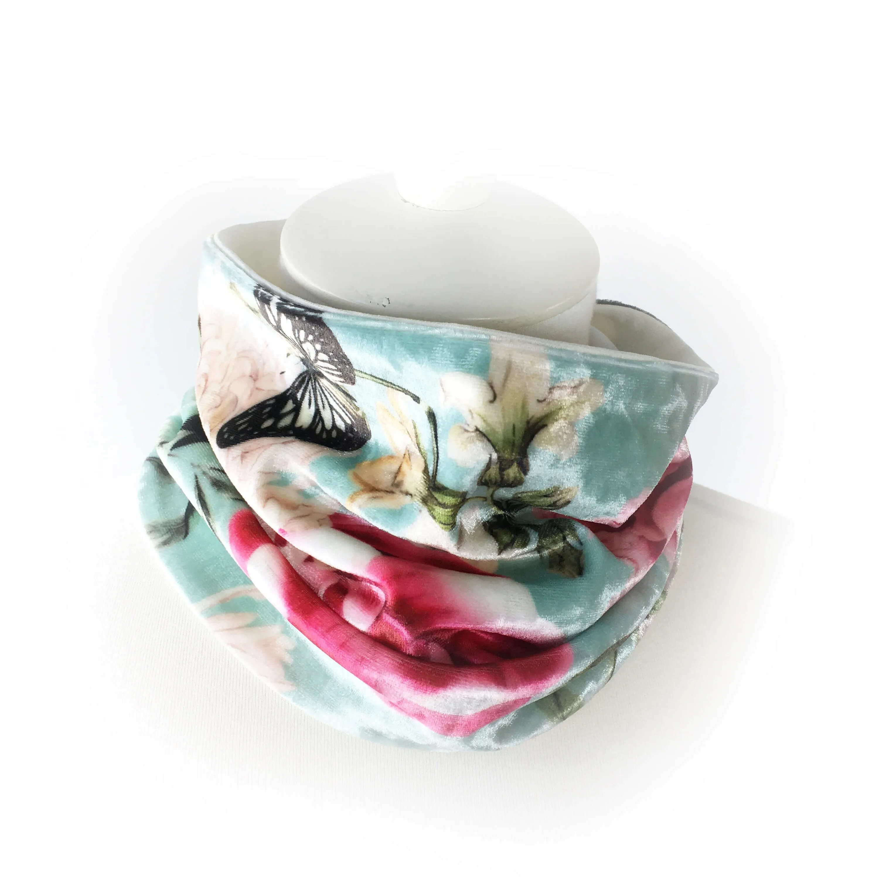 Turquoise Floral, Versatile Scarf, Headband, HatBand, Neck Warmer, Ladies Scarf, Velour Scarf, Designer Gaiter,Velour/Silky Soft Knit